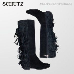 Schutz Women Black Fringe Back Pointed Toe Suede Knee High Tall Boots Size 8